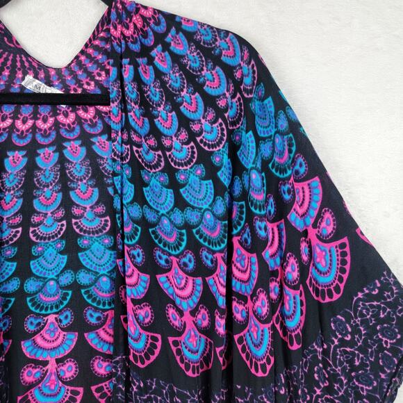 Whimsigoth Cardigan OS Kimono Sleeves Fringe Open Black Blue Pink Bohemian Print - Picture 2 of 7